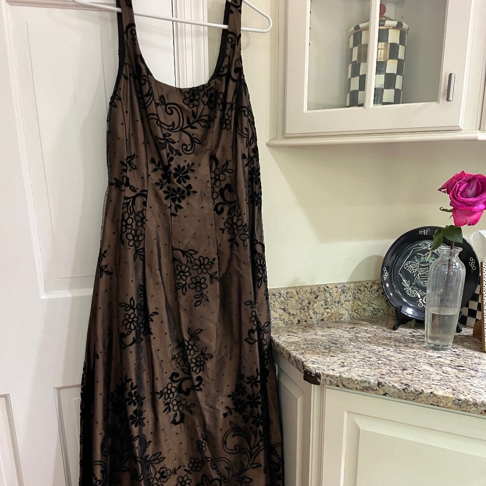 Gorgeous Rickie Freeman Teri Jon nites brown silk dress black lace  size 8